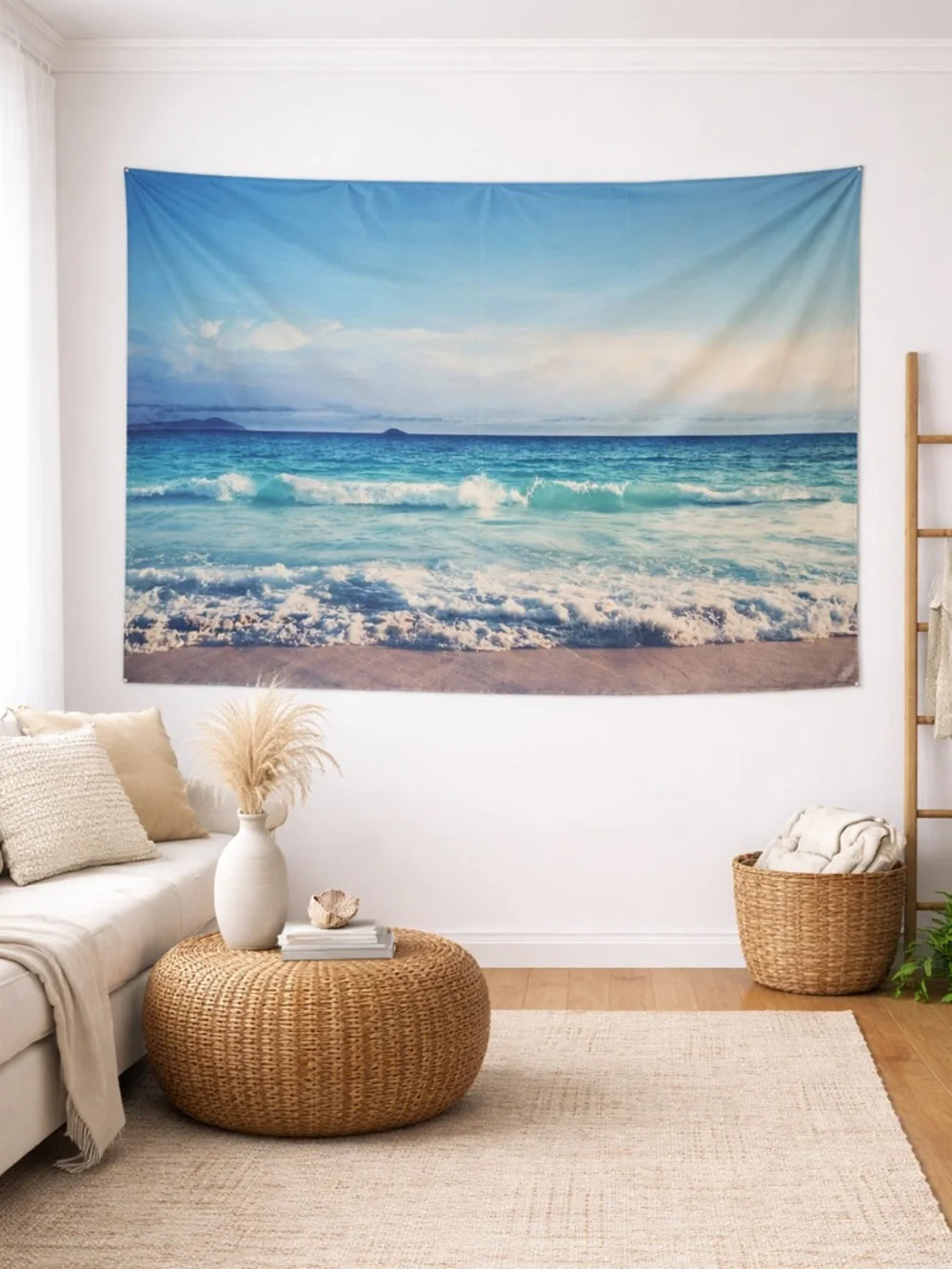 Coastal Wave Wall Tapestry - Blue Beach Scene